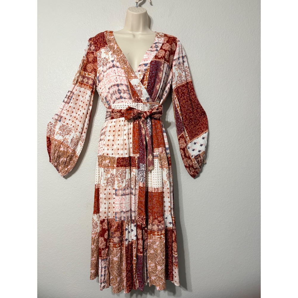 Fate Womens Rust Patchwork Midi Dress Metallic Lurex Boho Long Sleeve Size M